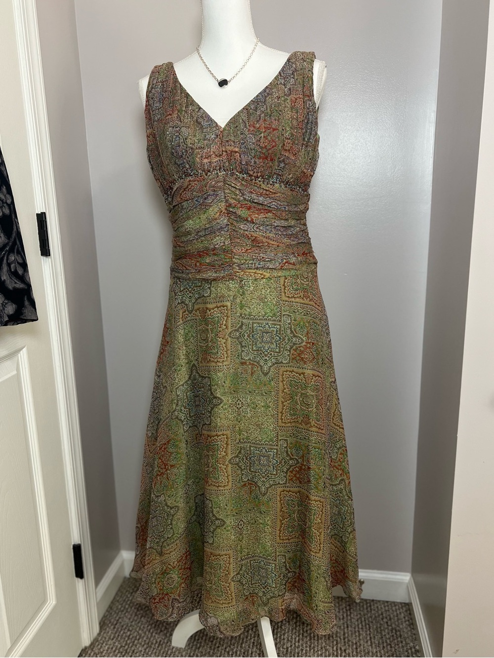 Vintage 90s/Y2K 100% Silk Green Beaded Paisley Midi Dress Fairycore Boho 🍋‍🟩